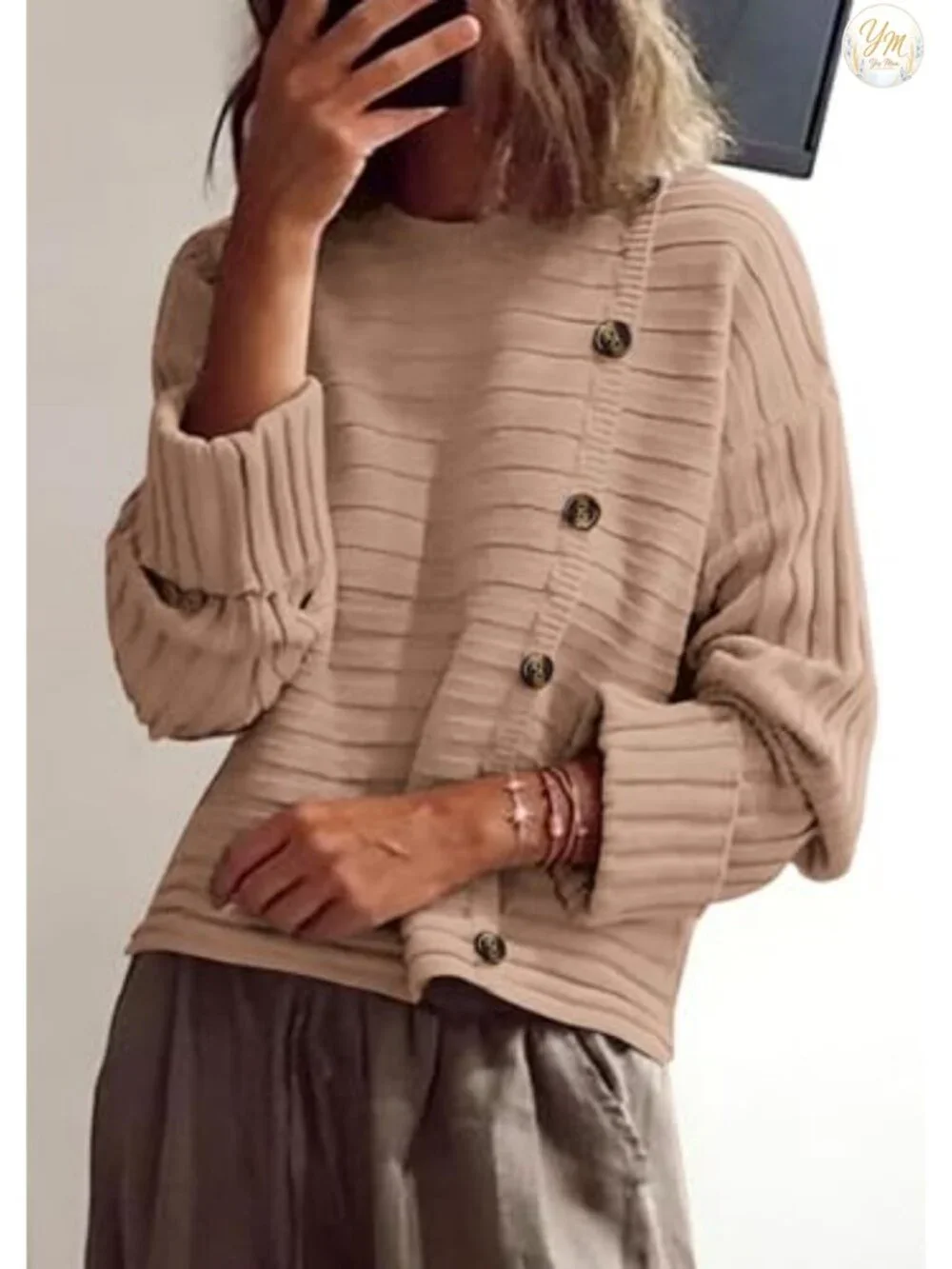 Womens Asymmetric Button Long Sleeve Knit Pullover Sweater